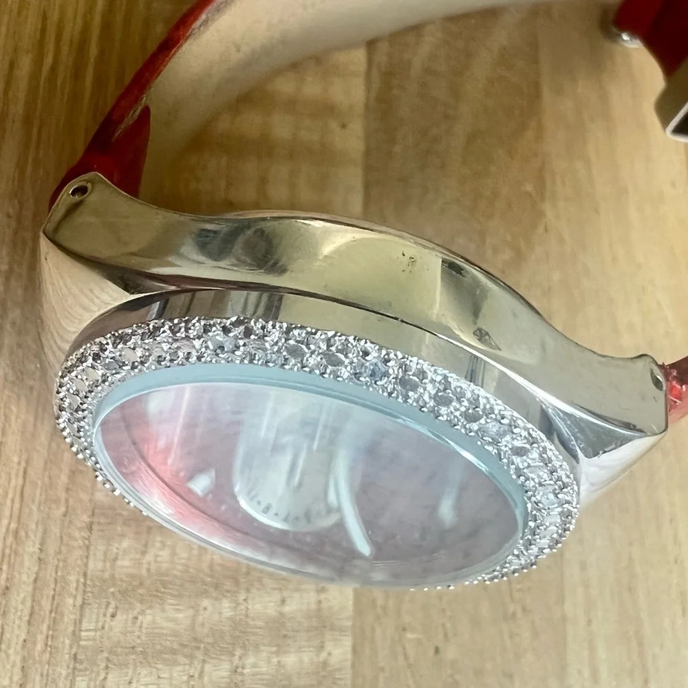 Anne Klein ladies diamond Swiss red leather sport watch NEW BATTERY